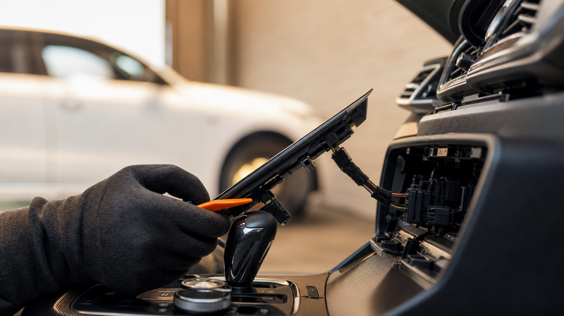 Enjoliveur de console démonté à la spatule, faisceau apparent, sur une berline sportive — CarPlay & Android Auto sur BMW Série 7 F01