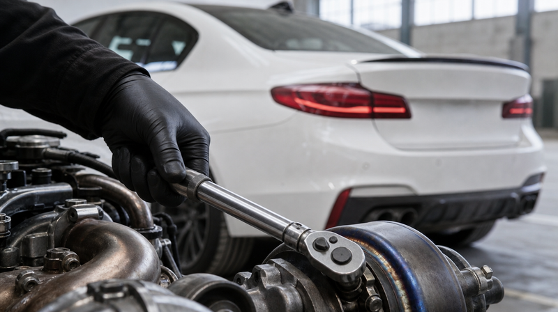 Clé dynamométrique passée près du turbo bleui par la chaleur, sur une berline sportive — Fiabilité des moteurs Renault sur Mercedes