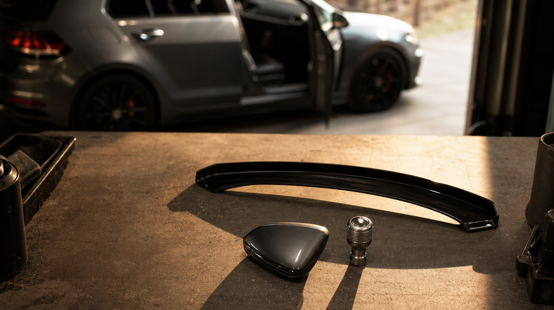 Pièces de tuning noir brillant disposées sur un établi, sur une compacte sportive — Volkswagen Golf 7 GTI / R