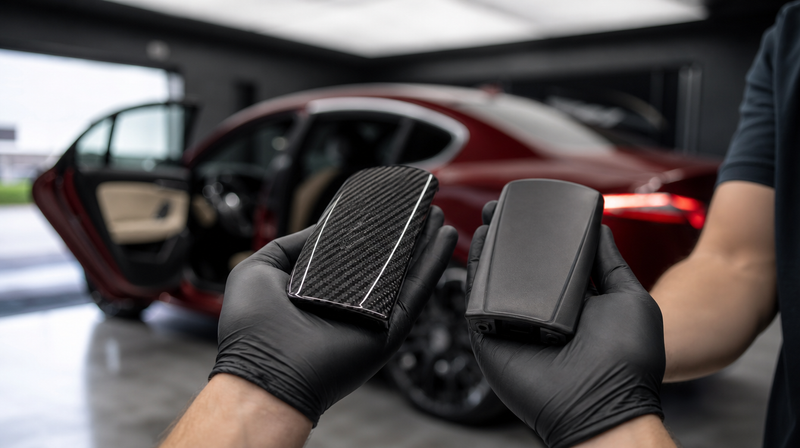 Pièces de tuning noir brillant disposées sur un établi, sur une berline sportive — Top 5 voitures sportives 2026