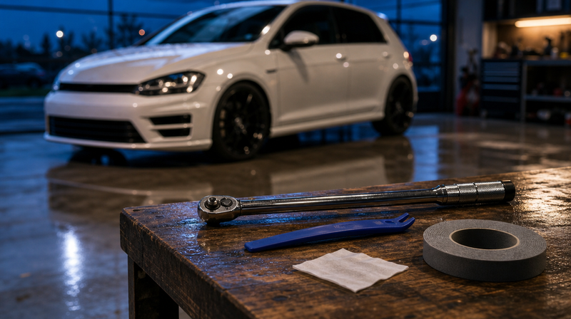 Pièces de tuning noir brillant disposées sur un établi, sur une compacte sportive — VW Polo GTI et Scirocco R