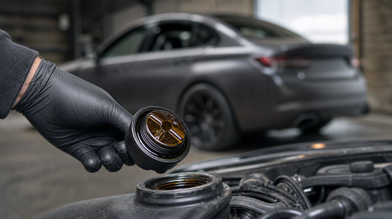 Bouchon de remplissage d'huile soulevé, huile propre en dessous, sur une berline sportive — BMW M5 E60 d'occasion