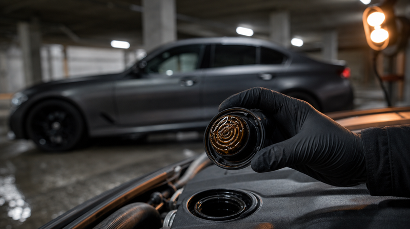 Bouchon de remplissage d'huile soulevé, huile propre en dessous, sur une berline sportive — Audi A4 / S4 / RS4 B8.5 d'occasion