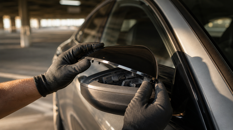 Coque de rétroviseur noir brillant clipsée sur le boîtier, sur une berline sportive — Comment poser des coques de rétroviseur soi-même
