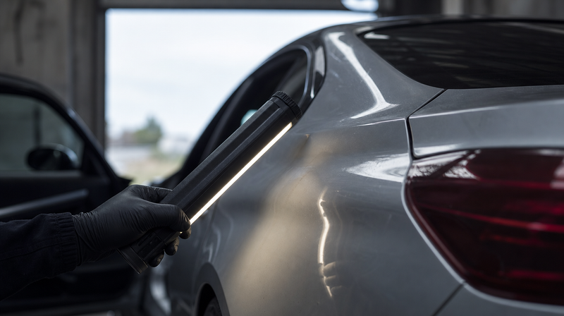 Baladeuse d'inspection promenée le long de l'aile arrière, sur une berline sportive — Audi RS6 C7 d'occasion
