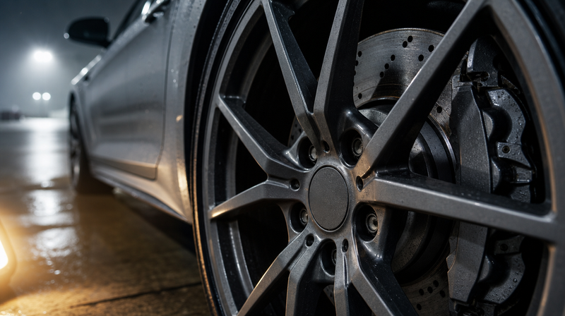 Disque de frein avant inspecté à travers les rayons de la jante, sur une berline sportive — BMW M5 F10 d'occasion