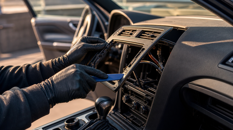 Enjoliveur de console démonté à la spatule, faisceau apparent, sur une berline sportive — Installer CarPlay/Android Auto sur BMW Série 5 E39