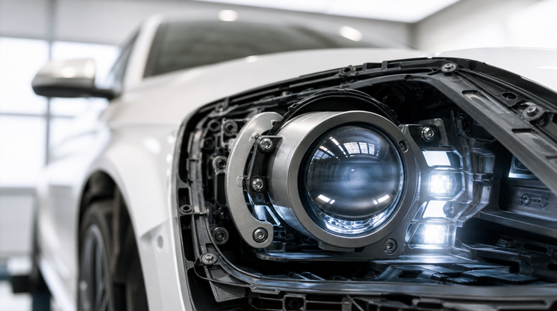 Ampoule LED vissée à la main dans le bloc optique ouvert, sur une berline sportive — Feux arrière LED fumés