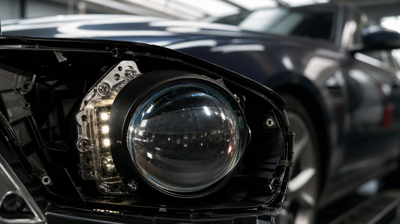 Ampoule LED vissée à la main dans le bloc optique ouvert, sur une berline sportive — Comment installer un bandeau LED de lumière d'ambiance intérieure