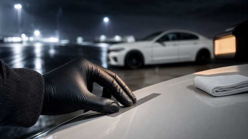 Bande adhésive double face pressée sur une carrosserie dégraissée, sur une berline sportive — Retirer un accessoire adhésif sans abîmer la peinture