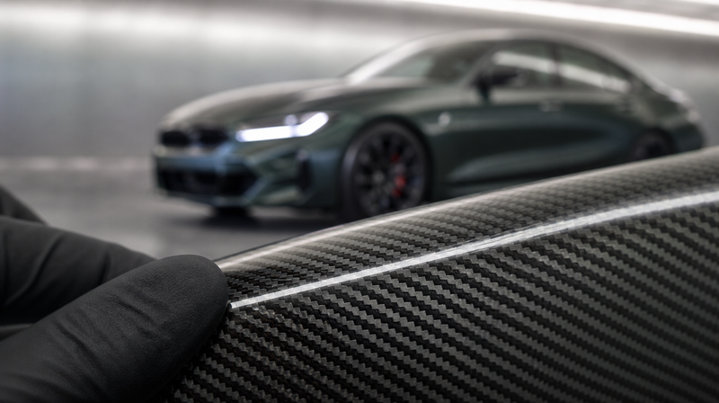 Macro du tissage carbone 3K sous vernis brillant, sur une berline sportive — Entretenir la fibre de carbone et les pièces ABS tuning
