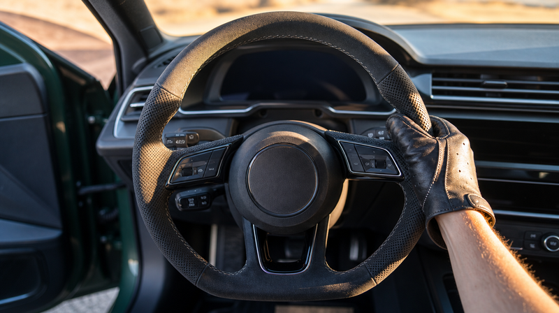 Volant sport en cuir perforé et alcantara, main gantée sur la jante, sur une berline sportive — Couvre-volant