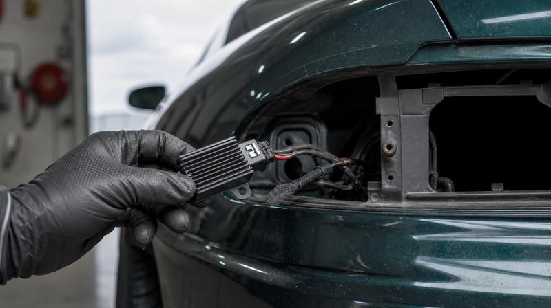 Ampoule LED vissée à la main dans le bloc optique ouvert, sur un coupé premium — Phares jaunis ou ternes