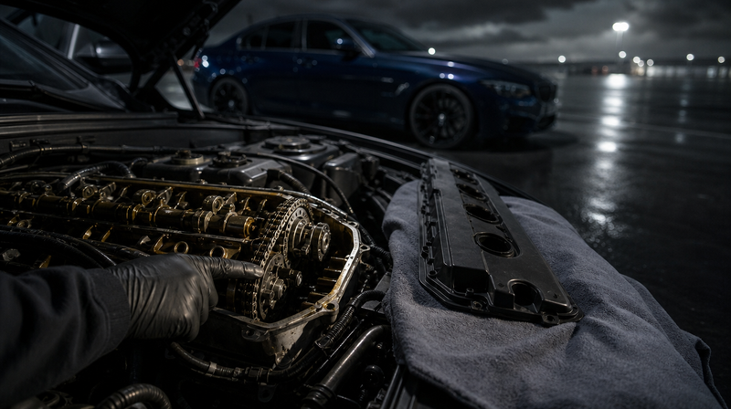 Compartiment moteur ouvert, cache-moteur déposé sur un chiffon, sur une berline sportive — BMW M3 E90/E92/E93 d'occasion