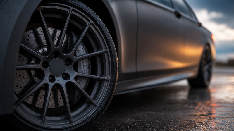 Disque de frein avant inspecté à travers les rayons de la jante, sur une berline sportive — Mercedes-AMG A45 W176 d'occasion
