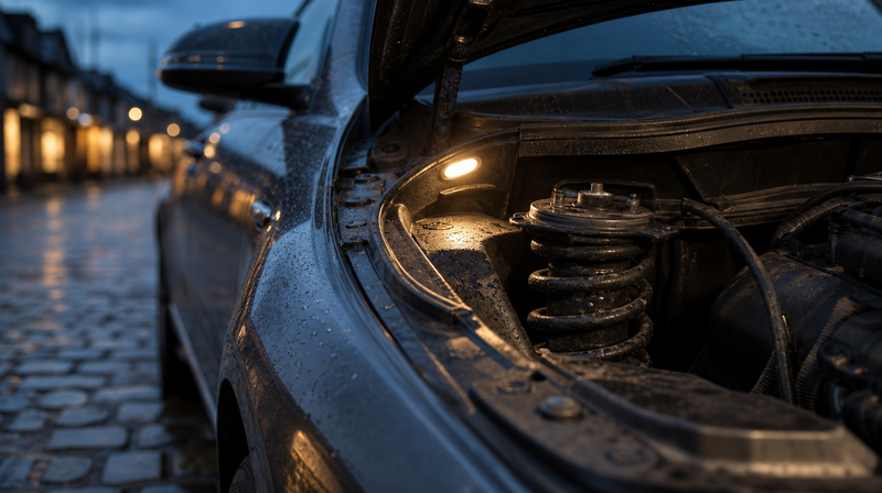 Coupelle de suspension observée sous le capot ouvert, sur une berline sportive — Mercedes E63 AMG W212 d'occasion