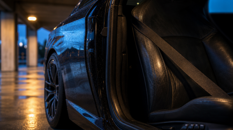 Bourrelet du siège conducteur en cuir marqué par l'usage, sur une berline sportive — BMW M5 F90 d'occasion