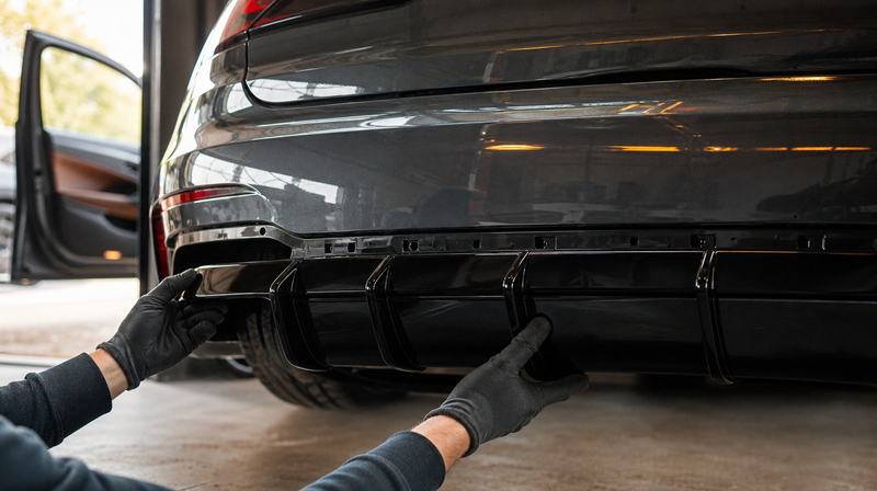 Diffuseur arrière présenté à la main contre le pare-chocs, sur une berline sportive — Kit carrosserie et pare-chocs sport