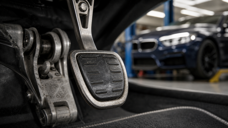 Pédalier aluminium usé vu depuis le plancher, sur une berline sportive — Audi RS3 d'occasion
