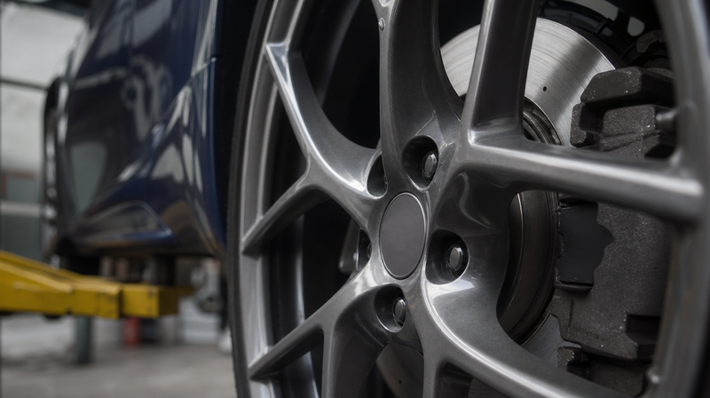 Disque de frein avant inspecté à travers les rayons de la jante, sur une berline sportive — Mercedes-AMG A45 S W177 d'occasion