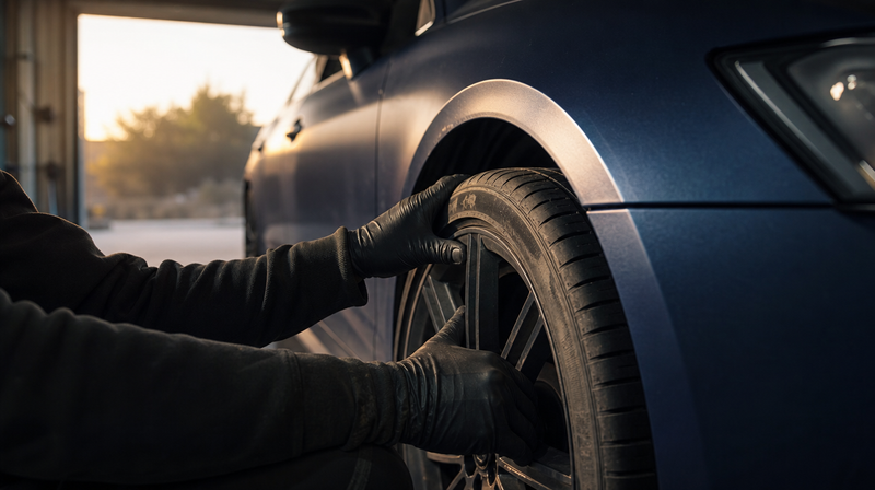 Roue avant secouée pour vérifier le jeu de roulement, sur une compacte sportive — Seat Leon Cupra 5F d'occasion