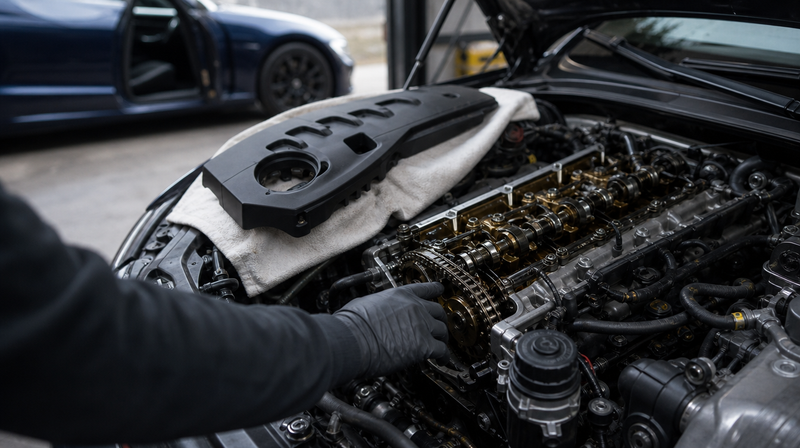 Compartiment moteur ouvert, cache-moteur déposé sur un chiffon, sur une berline sportive — Mercedes-AMG C43 W205 d'occasion