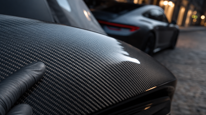 Macro du tissage carbone 3K sous vernis brillant, sur une berline sportive — Guide d'entretien complet de l'habitacle tuning