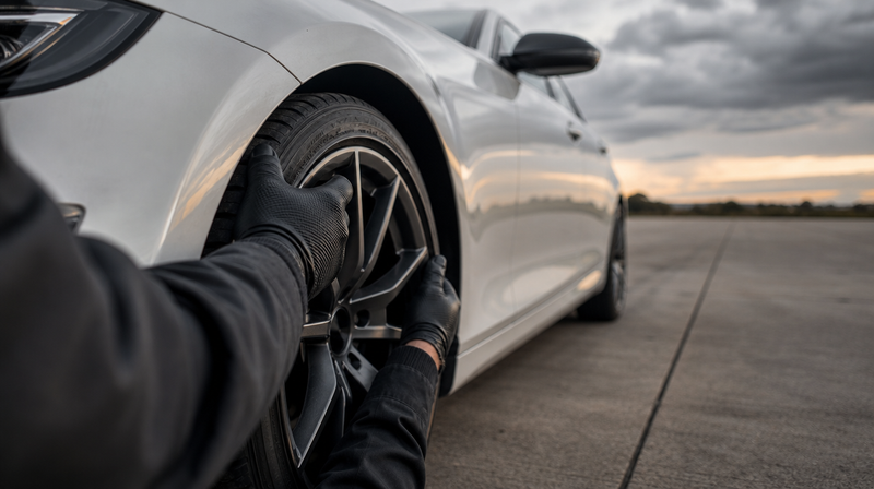Roue avant secouée pour vérifier le jeu de roulement, sur une berline sportive — Rappel BMW