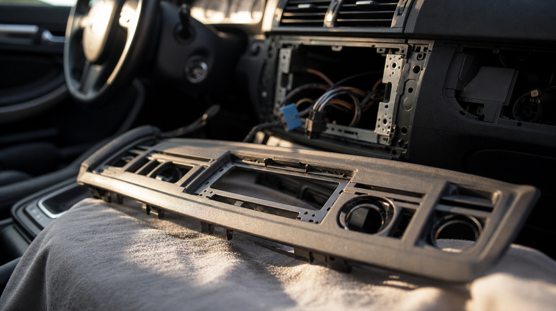 Enjoliveur de console démonté à la spatule, faisceau apparent, sur une berline sportive — Voyants tableau de bord BMW Série 3