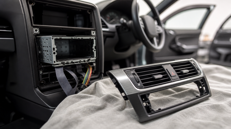Enjoliveur de console démonté à la spatule, faisceau apparent, sur une berline sportive — Voyants tableau de bord Audi