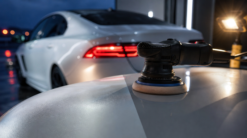 Optique de phare jauni rénovée à moitié au tampon mousse, sur une berline sportive — xDrive BMW