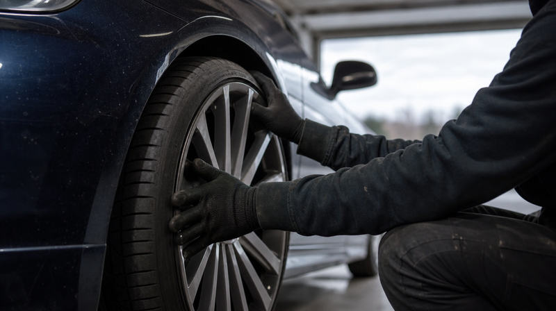 Roue avant secouée pour vérifier le jeu de roulement, sur un coupé premium — BMW M2 G87 d'occasion