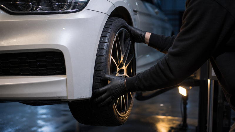 Roue avant secouée pour vérifier le jeu de roulement, sur un coupé premium — BMW M235i / M240i d'occasion