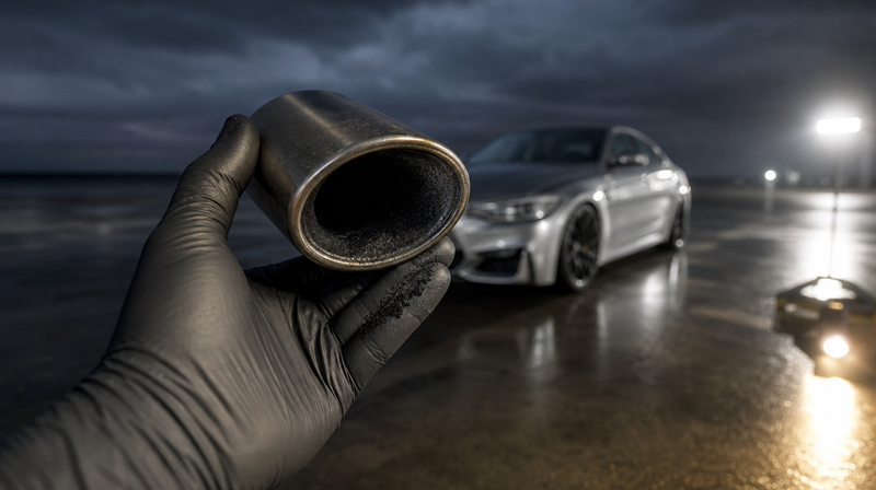 Sortie d'échappement essuyée au gant, trace de suie sèche, sur une berline sportive — Audi RS6 C6 d'occasion
