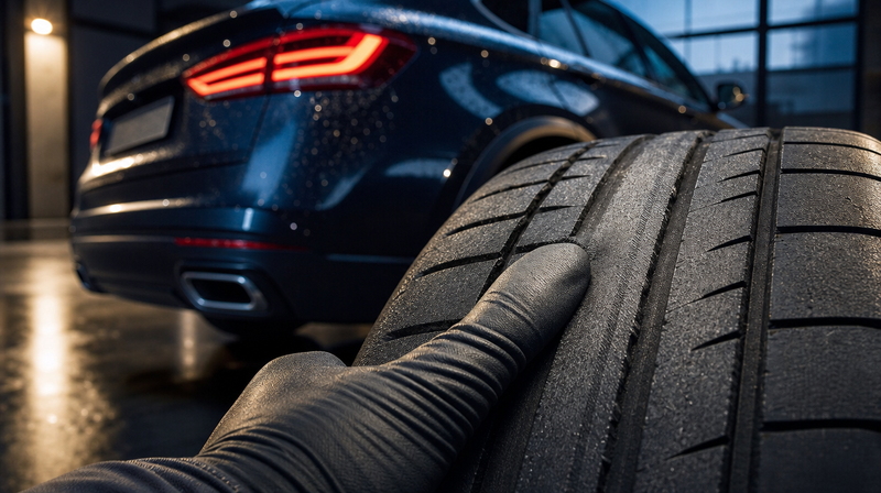Épaule d'un pneu avant usé vérifiée au pouce, sur un SUV compact premium — Audi RS Q3 d'occasion