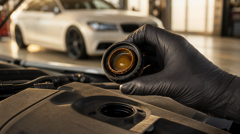 Bouchon de remplissage d'huile soulevé, huile propre en dessous, sur une berline sportive — BMW 1M E82 d'occasion