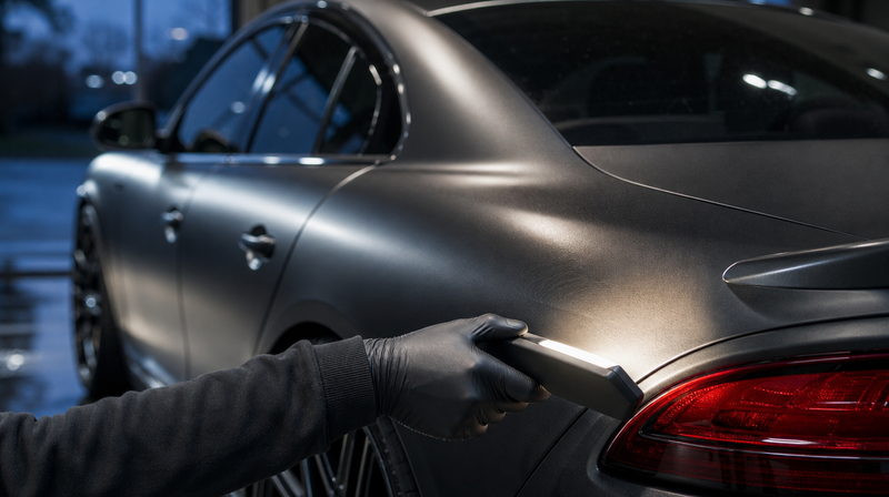 Baladeuse d'inspection promenée le long de l'aile arrière, sur une berline sportive — Audi RS4 B8 d'occasion