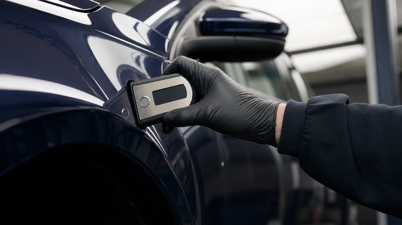 Jeu de caisse contrôlé à la jauge d'épaisseur de peinture, sur une compacte sportive — Volkswagen Polo GTI d'occasion