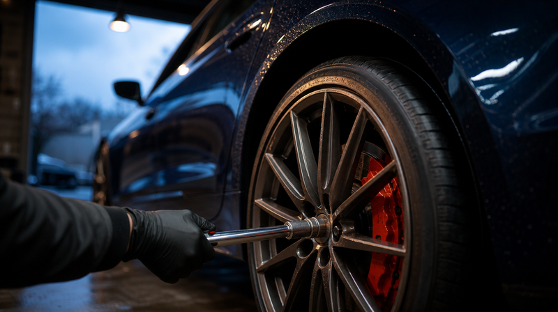 Boulon de roue serré à la clé dynamométrique sur une jante multibranches, sur une berline sportive — Jantes BMW Série 3 E90/E91/E92/E93