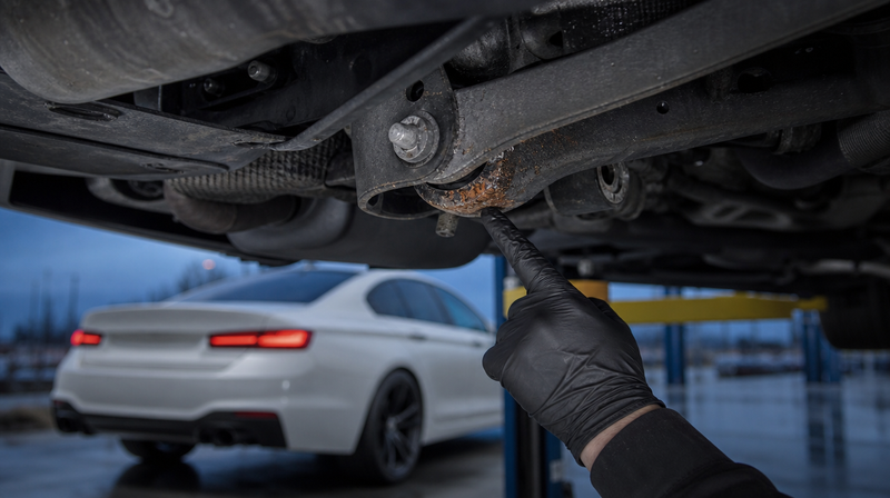 Dessous de caisse sur pont deux colonnes, silentbloc montré du doigt, sur une berline sportive — Acheter une Audi A4 B8 d'occasion