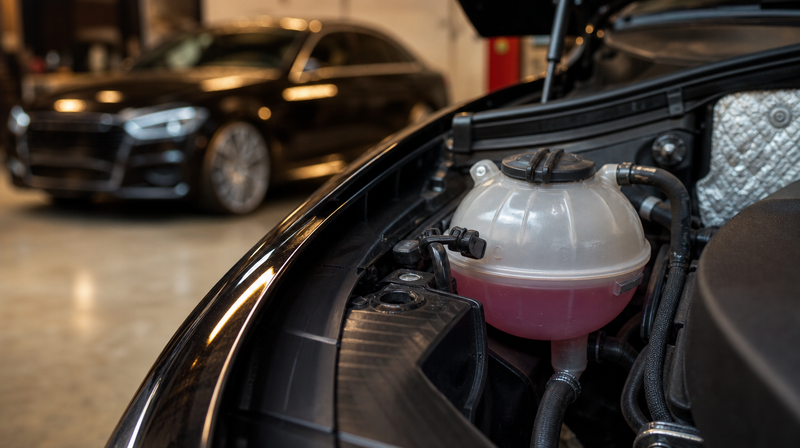 Vase d'expansion translucide et liquide de refroidissement propre, sur une berline sportive — Acheter une BMW Série 5 E39 d'occasion