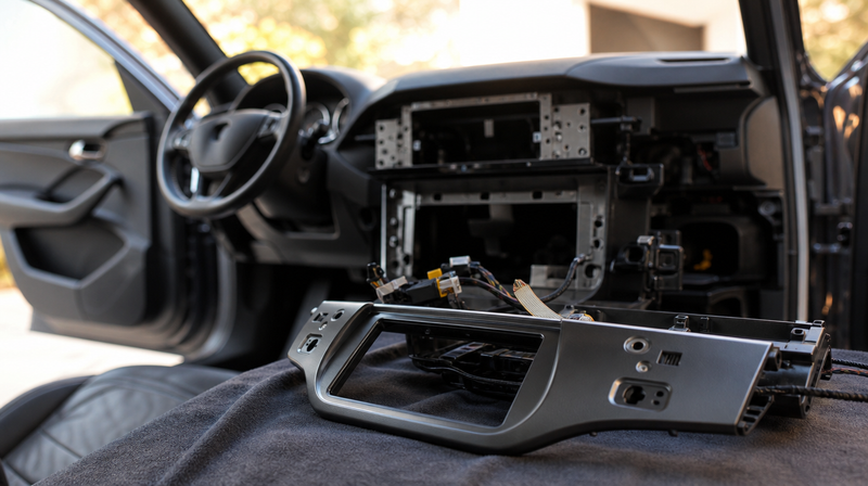 Enjoliveur de console démonté à la spatule, faisceau apparent, sur une berline sportive — CarPlay & Android Auto sur BMW Série 5 F10