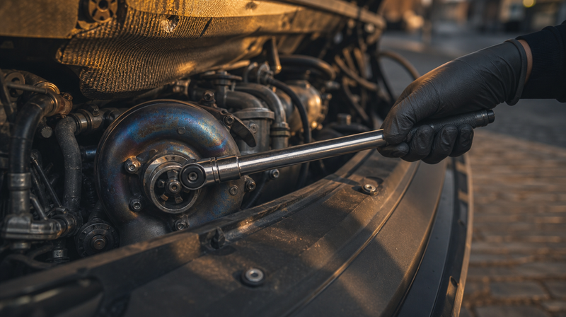 Clé dynamométrique passée près du turbo bleui par la chaleur, sur une berline sportive — BMW M3 E30 d'occasion