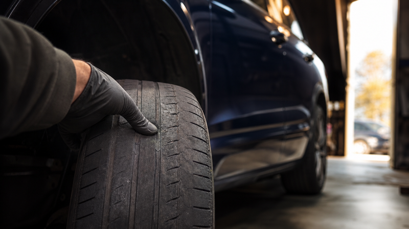 Épaule d'un pneu avant usé vérifiée au pouce, sur un SUV compact premium — BMW X5 M / X6 M d'occasion