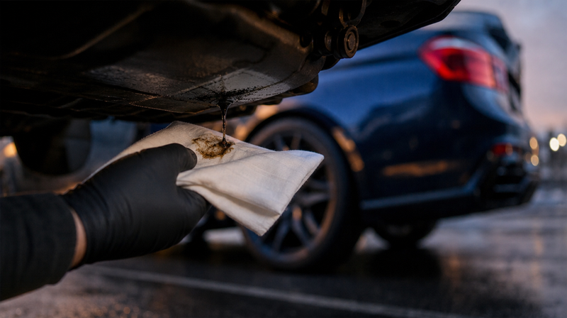 Suintement d'huile sur le carter vérifié au chiffon blanc, sur une berline sportive — Audi S3 8V d'occasion