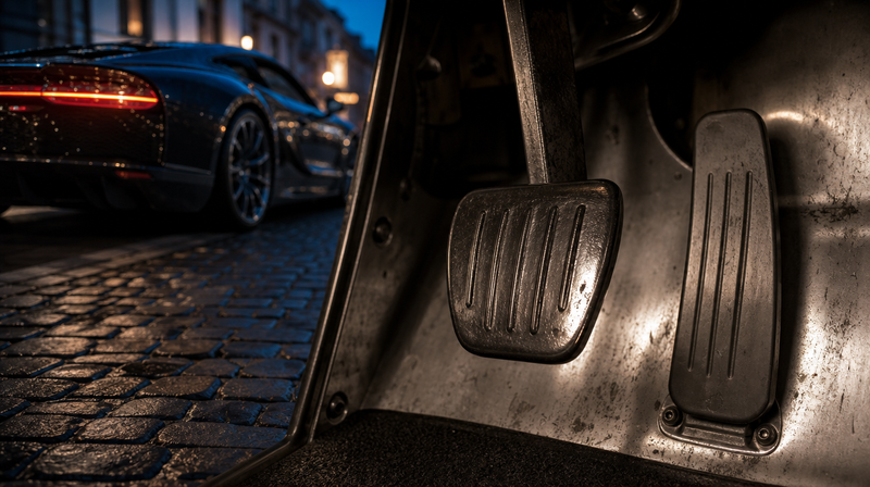 Pédalier aluminium usé vu depuis le plancher, sur une voiture de sport — Porsche 911 997 d'occasion