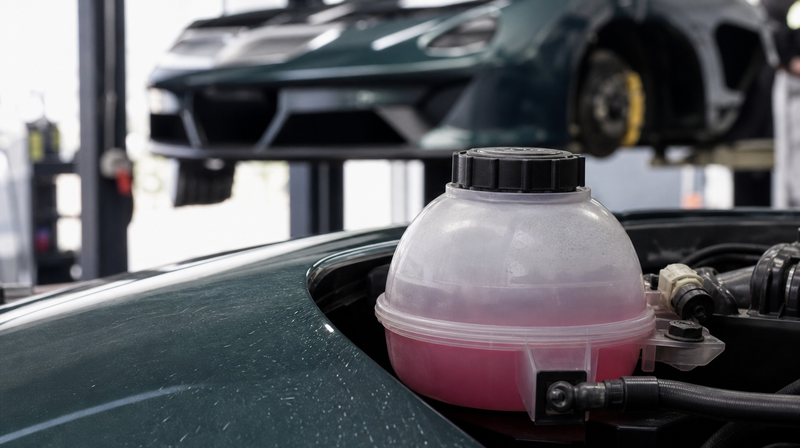 Vase d'expansion translucide et liquide de refroidissement propre, sur une voiture de sport — Porsche Cayman & Boxster d'occasion
