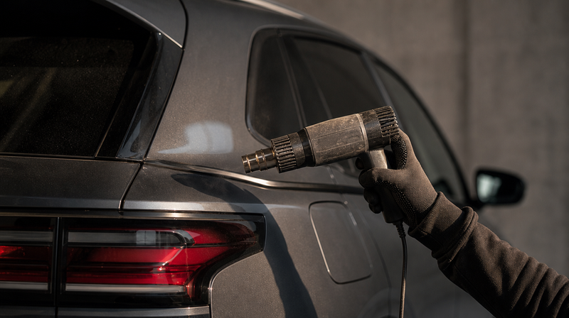 Bande adhésive double face pressée sur une carrosserie dégraissée, sur un SUV compact premium — BMW X3 M / X4 M d'occasion
