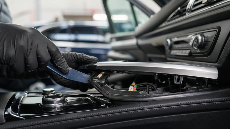 Enjoliveur de console démonté à la spatule, faisceau apparent, sur un SUV compact premium — CarPlay & Android Auto sur BMW X5 F15