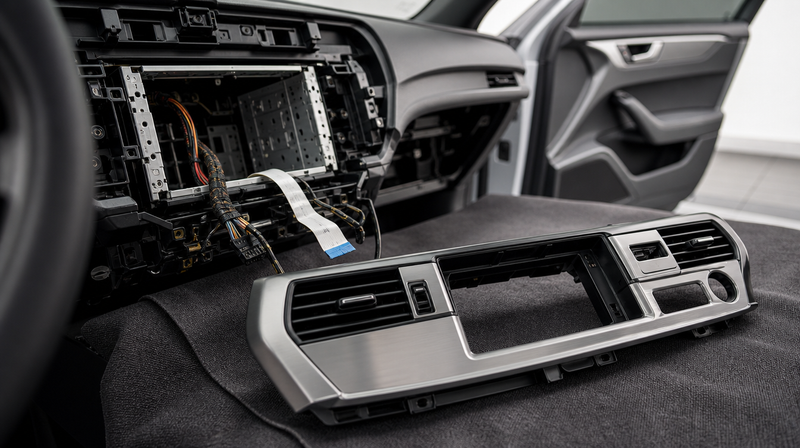 Enjoliveur de console démonté à la spatule, faisceau apparent, sur une berline sportive — Évolution du système iDrive BMW